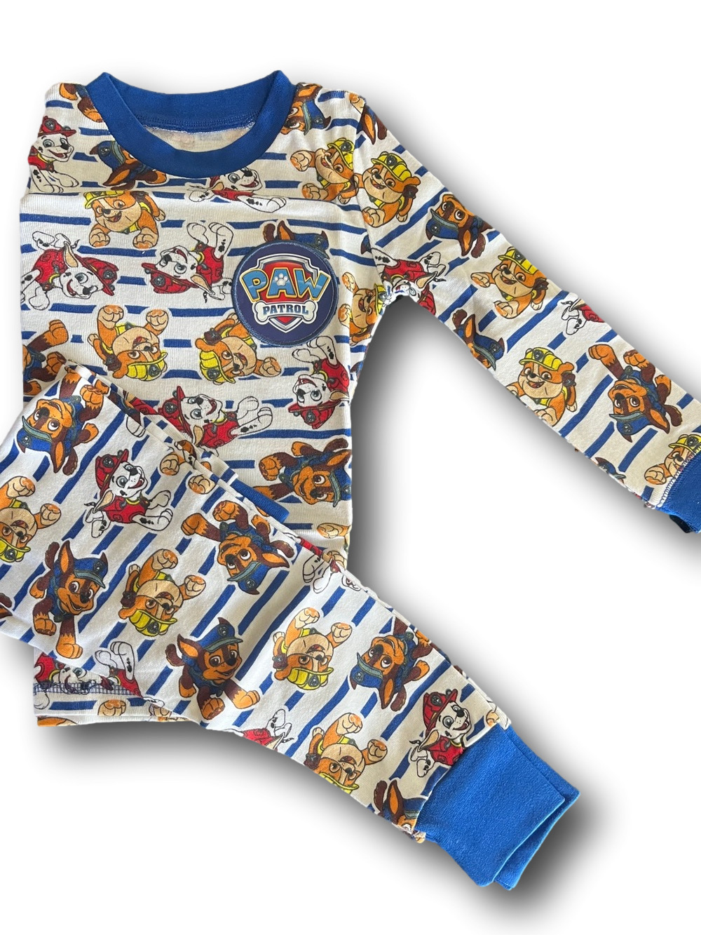 Paw Patrol White and Blue Striped Kids Pajama Set with Multicolor Characters